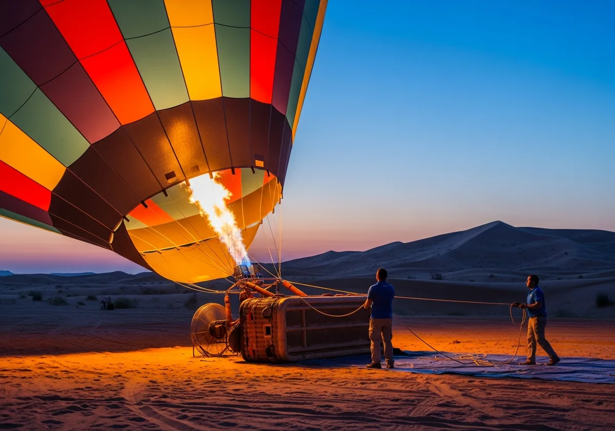 Hot air balloon Standard package inflating at dawn in the Dubai desert