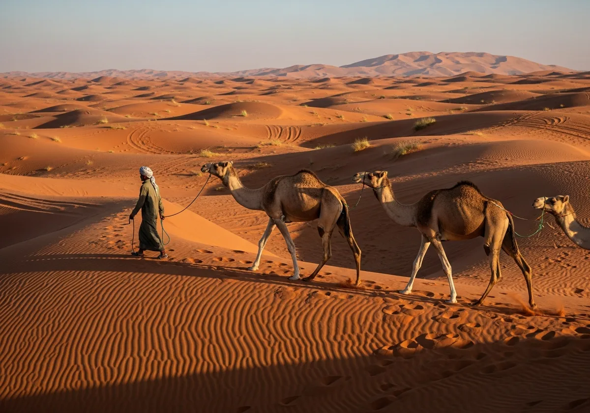 Camel Ride in Desert package at golden hour in Dubai