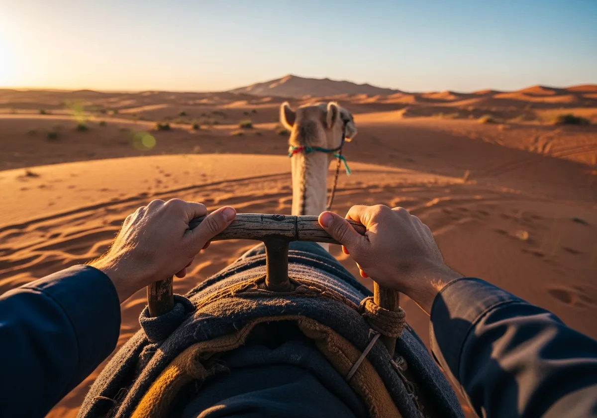 Rider's point of view while riding a camel across the Dubai desert