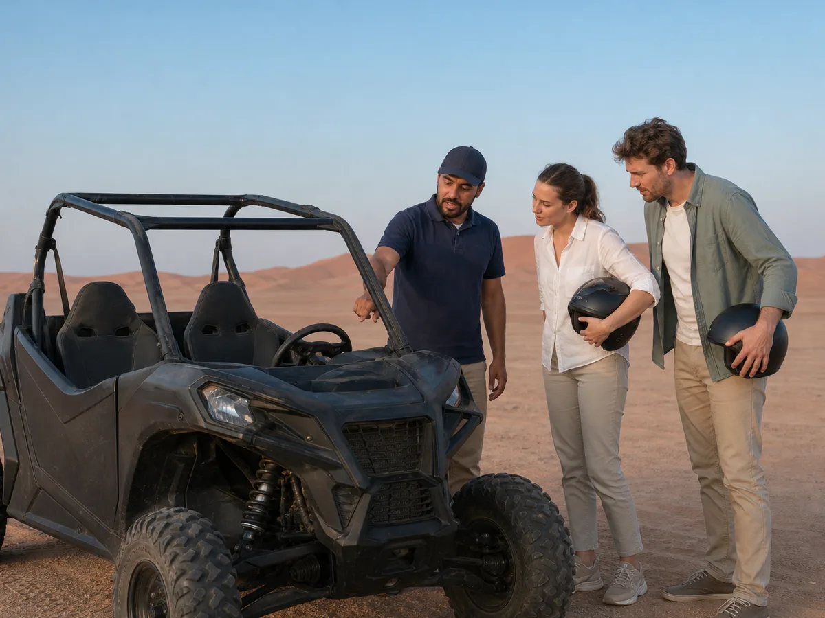 Desert guide in a navy polo pointing at the steering wheel of a parked buggy while two guests hold helmets and listen